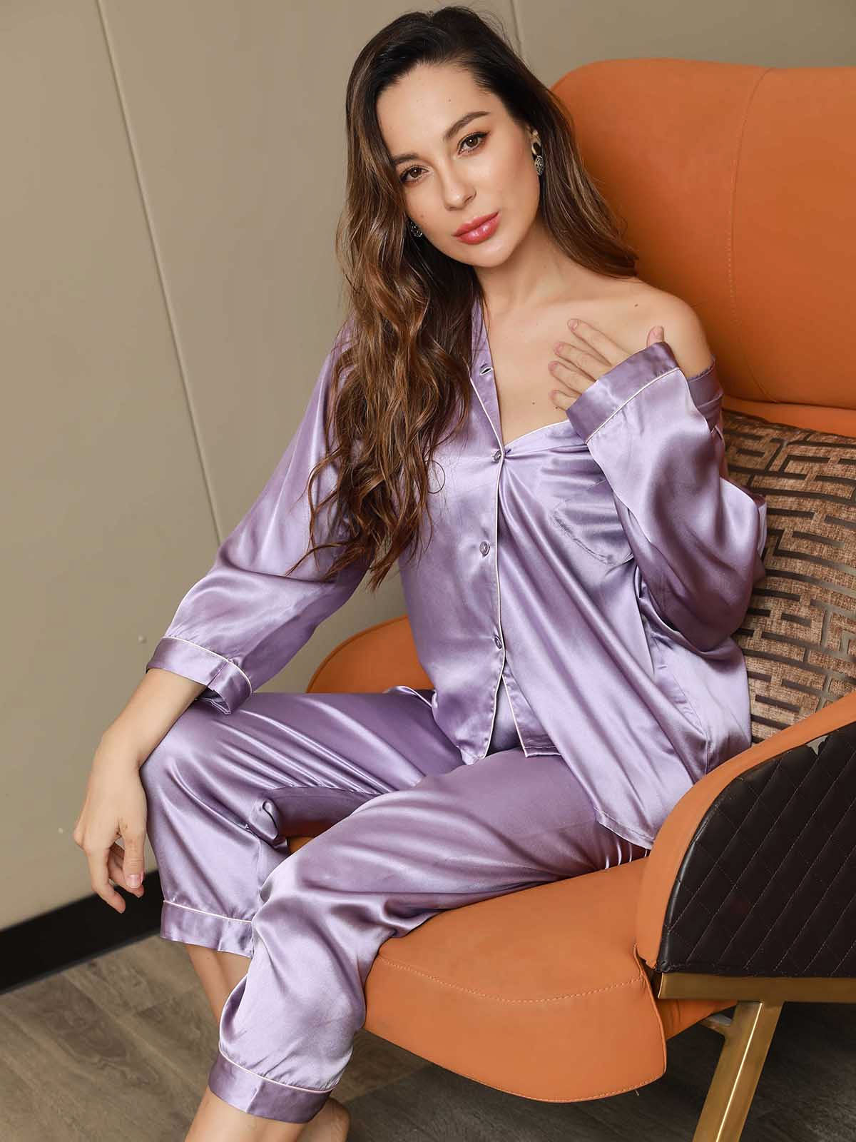 [Lavender] SilkSilky-AU Pure Silk Notch Collar Women's Pyjamas 001,