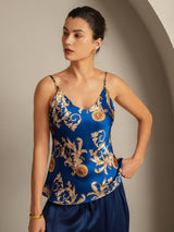 [Dragón Navy] SilkSilky-ES Seda Pura Cuello en V Top de tirantes 001,