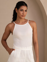 [Blanco] SilkSilky-ES Sleeveless Crew Neck Top de tirantes 001