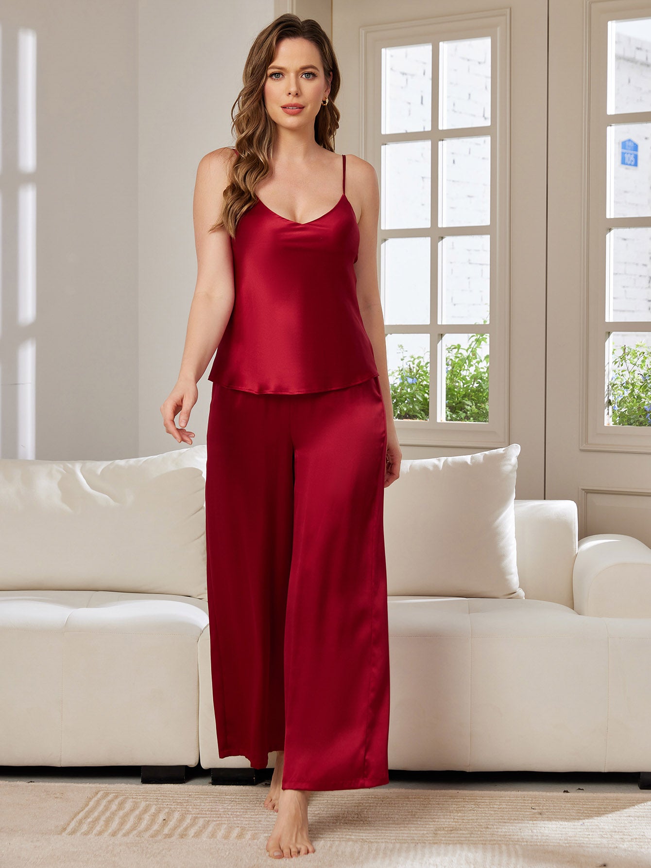 SilkSilky ES Seda Pura Sin mangas Cuello en V Conjunto de tirantes Vino 001