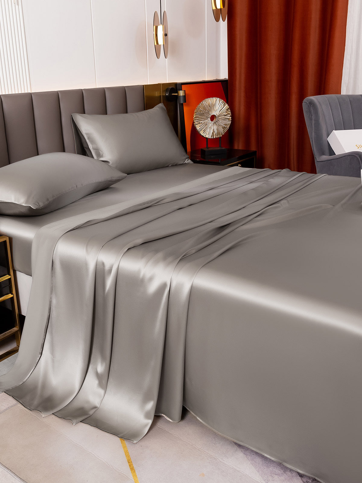 SilkSilky ES 19Momme Seda Pura Bedding Set Gris 004