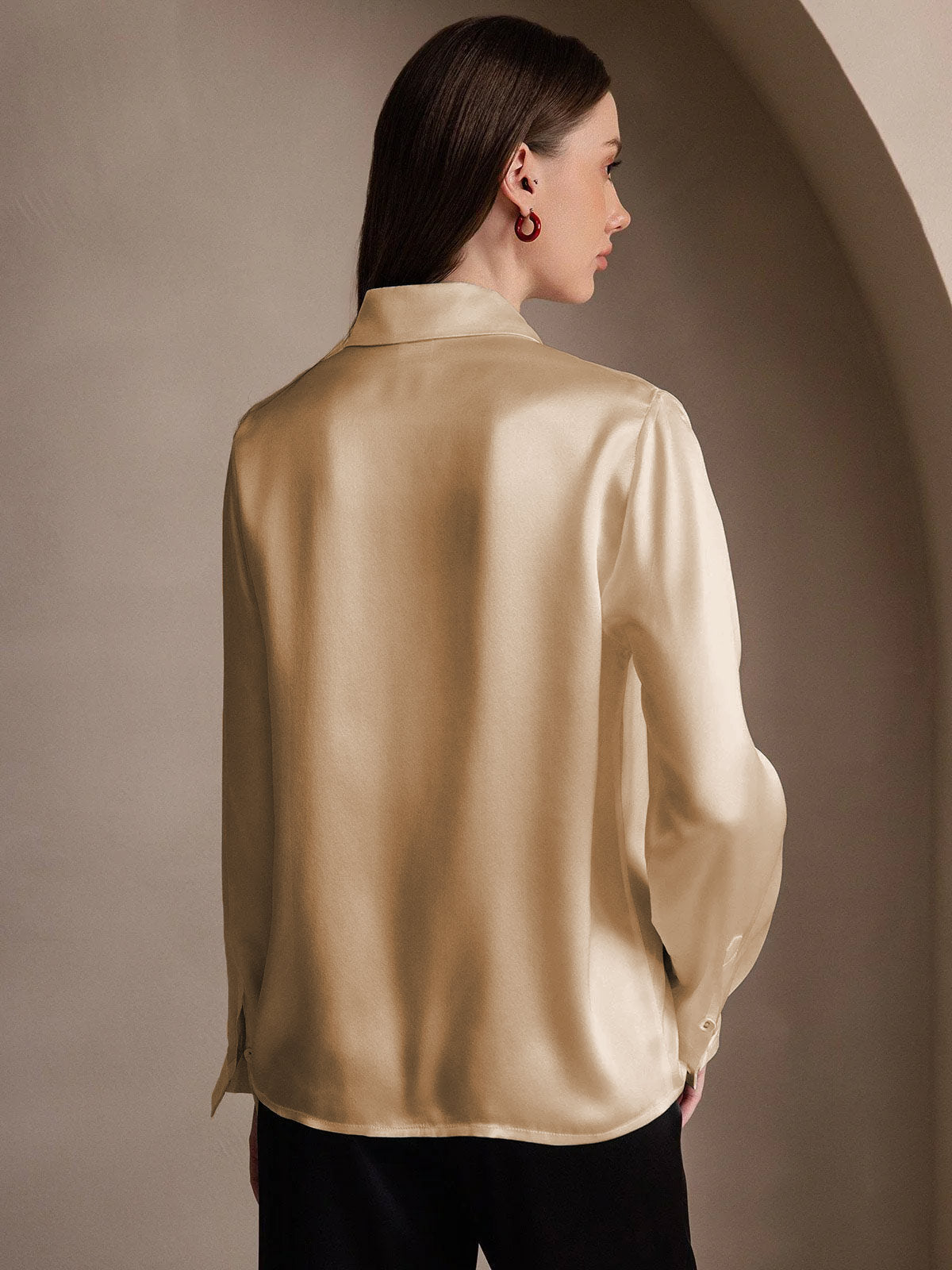 [Champán] SilkSilky-ES 19Momme Seda Lapel Collar Blusas de Mujer 002