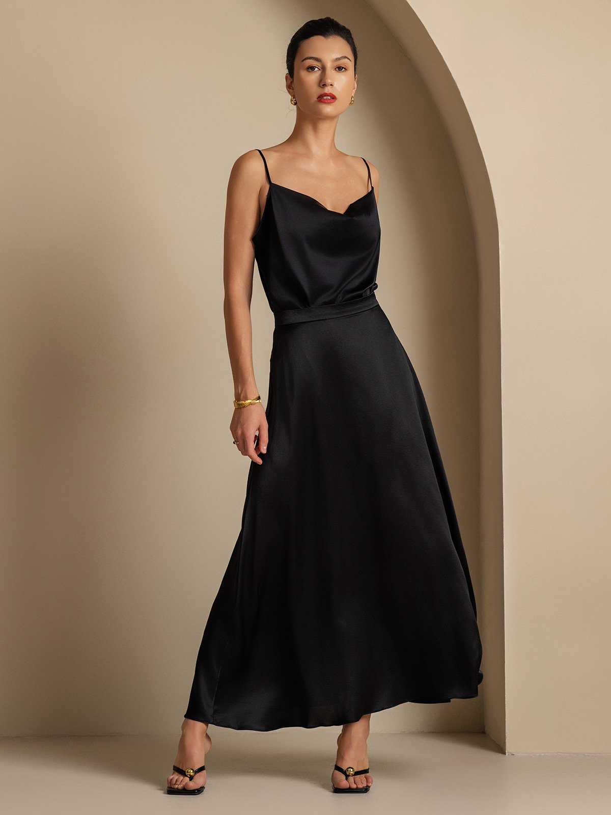 [Negro] SilkSilky-ES 19Momme Seda Cuello Camisero Women''s Outfit Sets 003,
