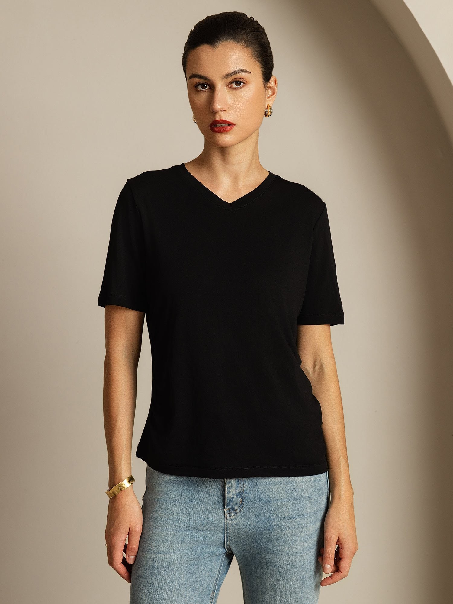 [Negro] SilkSilky-ES Seda Pura Cuello en V Camisetas de Mujer 005