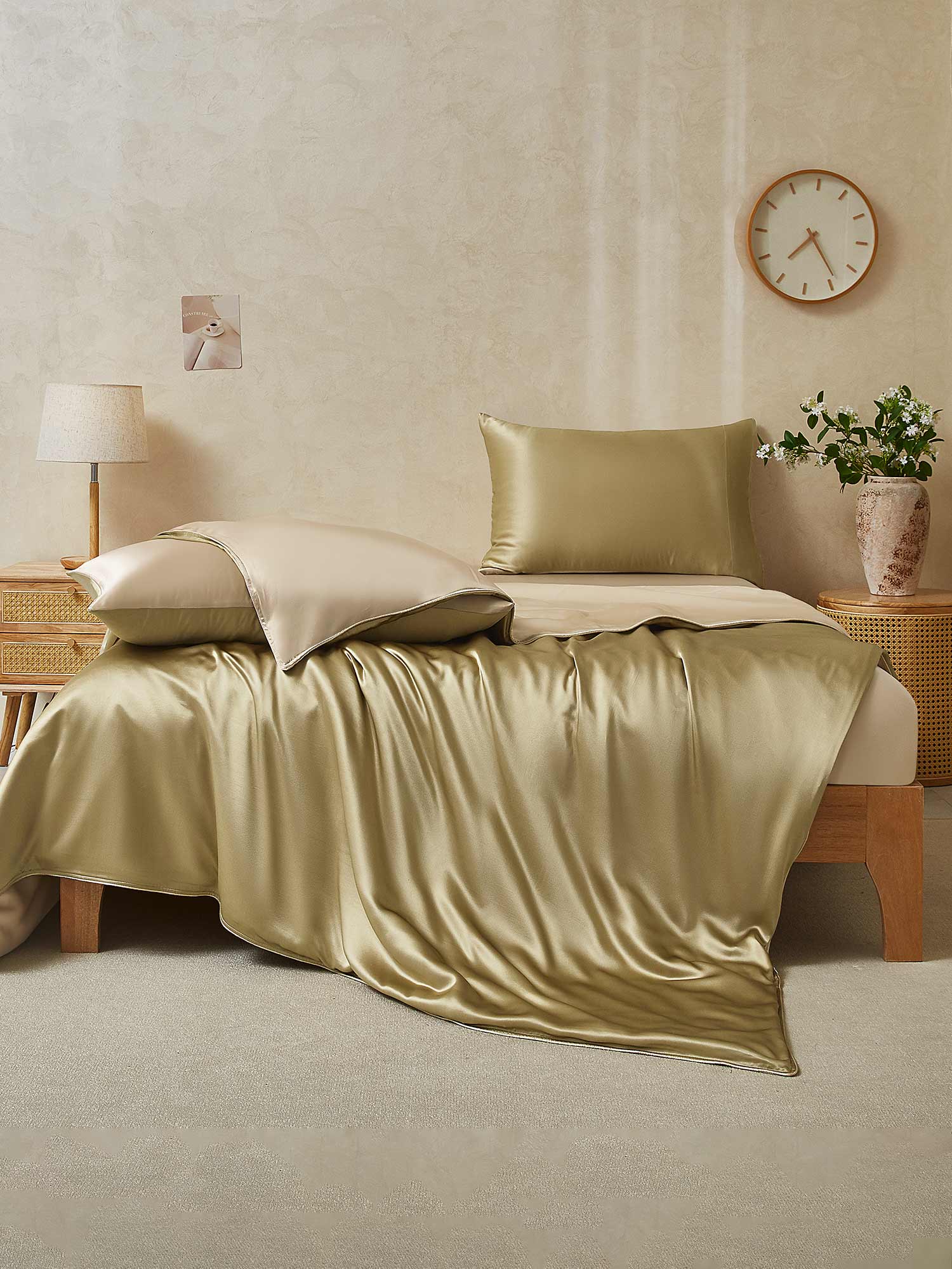 [Beige+Caqui] SilkSilky-ES 19Momme Seda Pura Bedding Set 002,