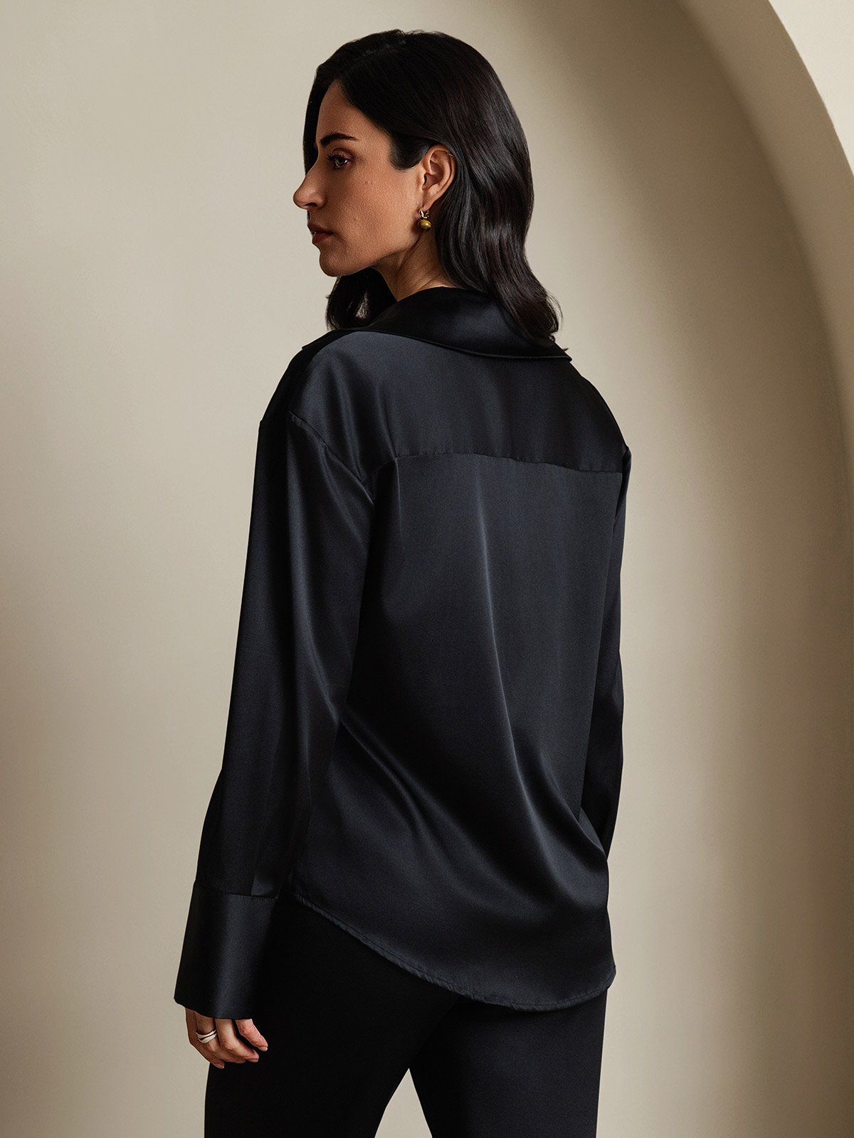 [Negro] SilkSilky-ES 19Momme Seda Womens Shirt 002
