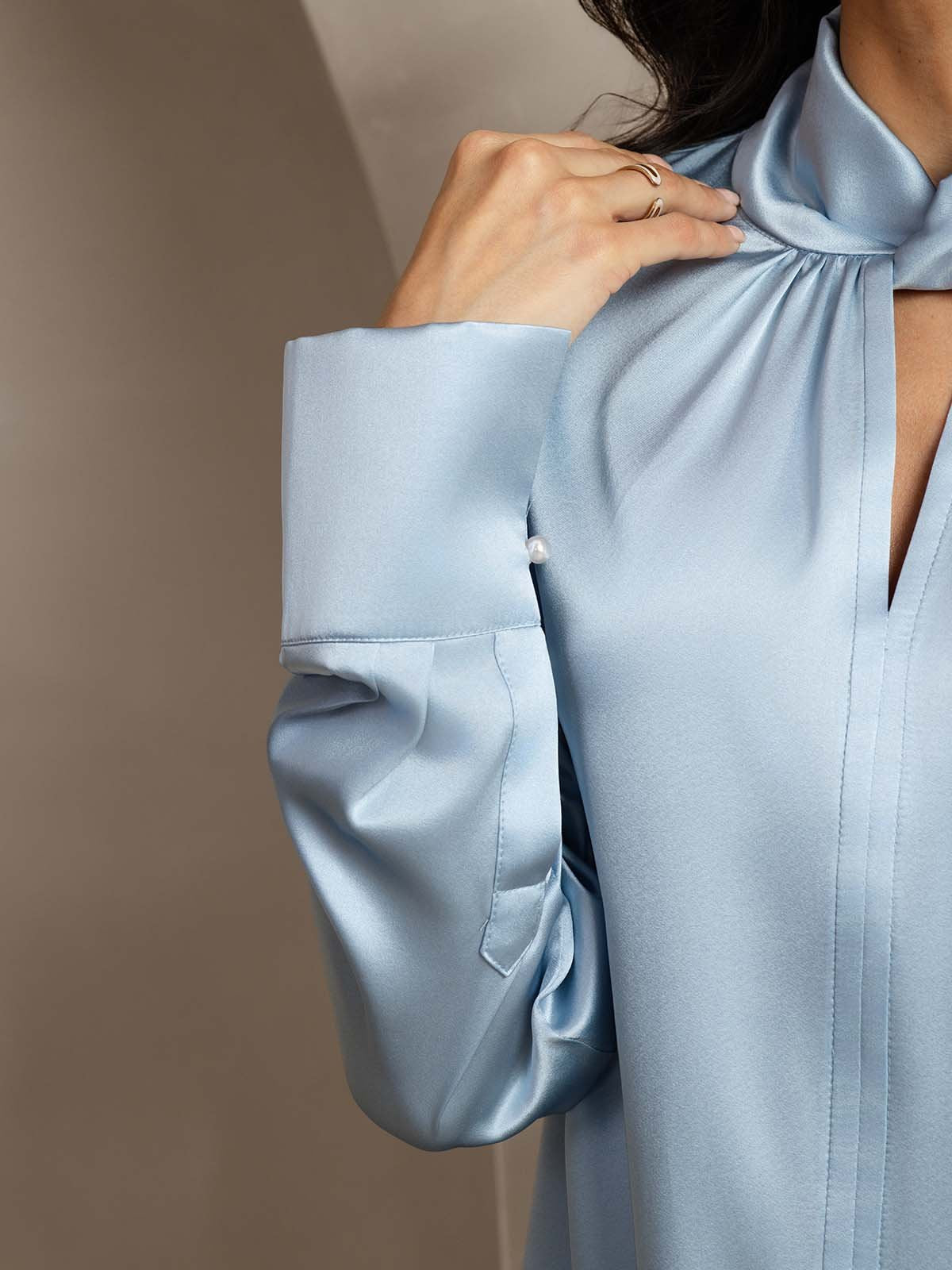 [Azul Grisáceo] SilkSilky-ES 19Momme Seda Escote lágrima Blusas de Mujer 004