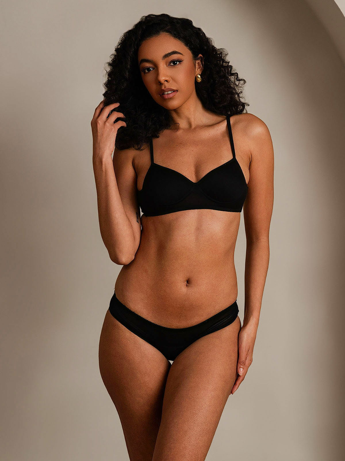 [Negro] SilkSilky-ES Tejido de seda Bra&Panty Set 003