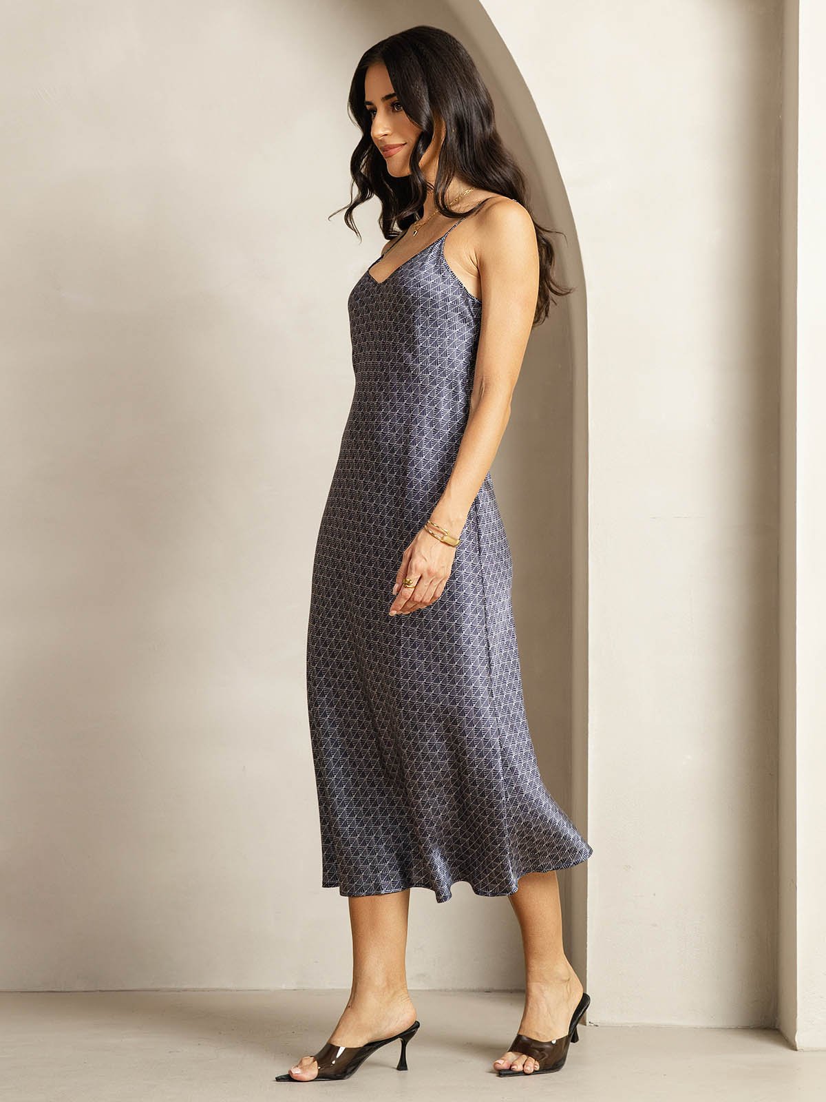 [Ginkgo Azul Marino] SilkSilky-ES 19Momme Seda Cuello en V Vestido 003