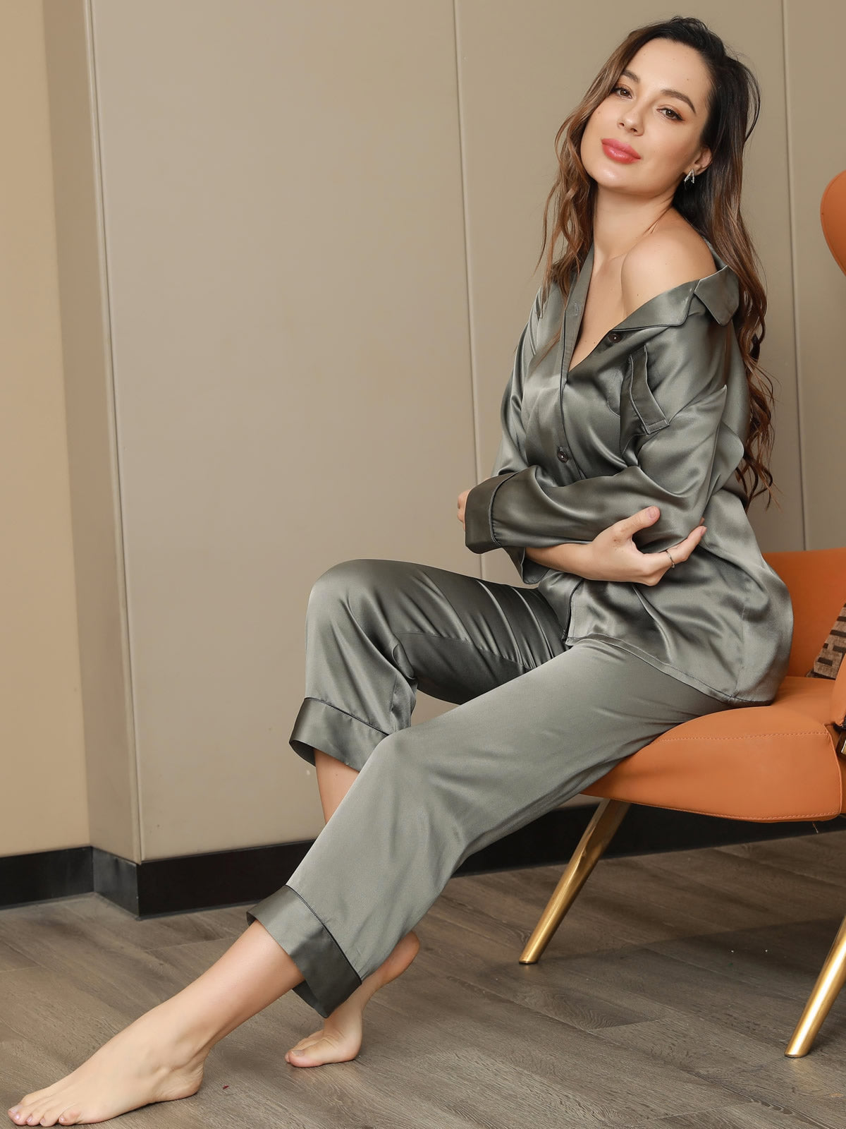 [Verde Grisáceo] SilkSilky-ES Seda Pura Manga larga Womens Pajamas 001