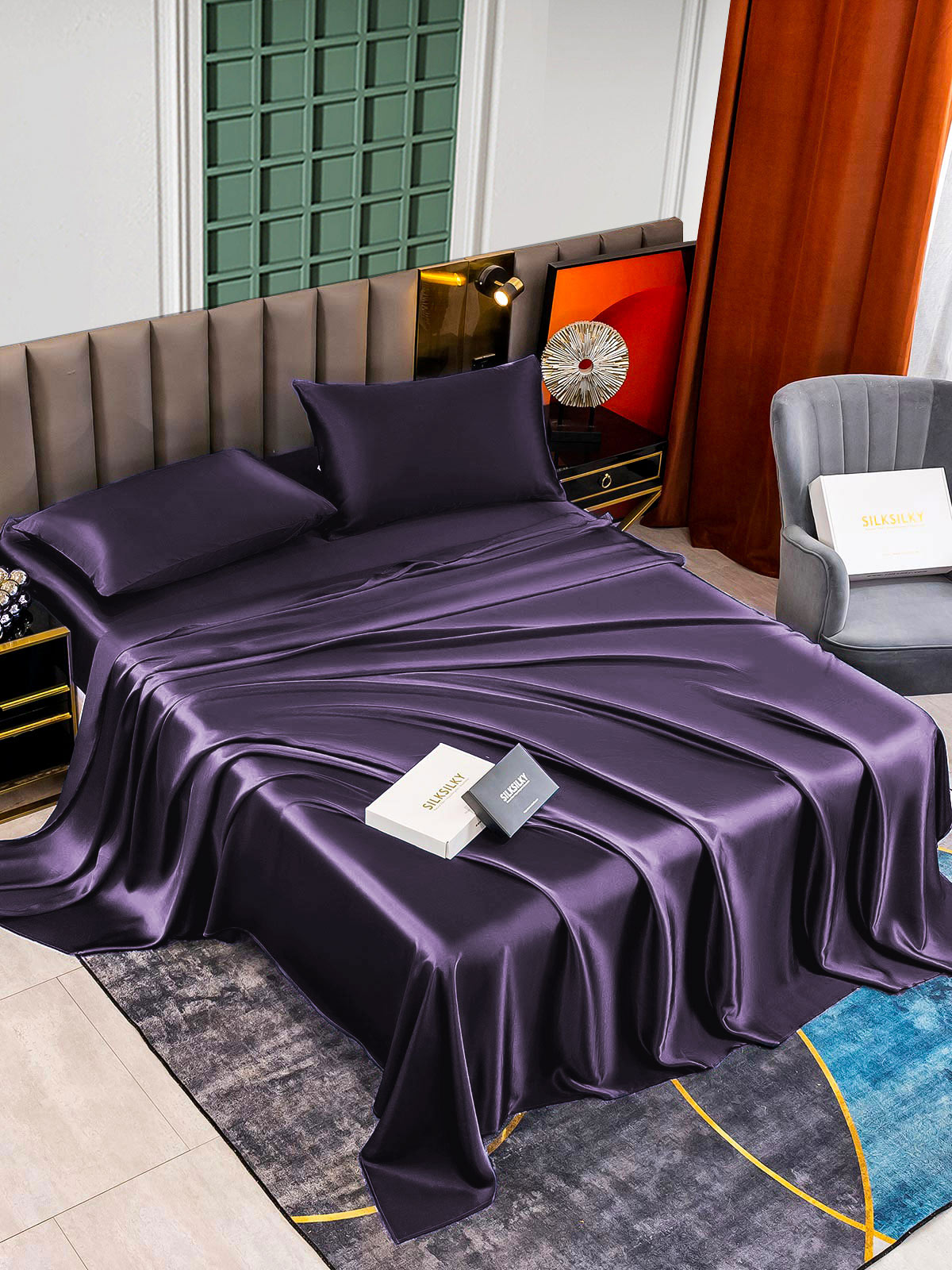 [Morado Oscuro] SilkSilky-ES 22Momme Seda Pura Bedding Set 002,