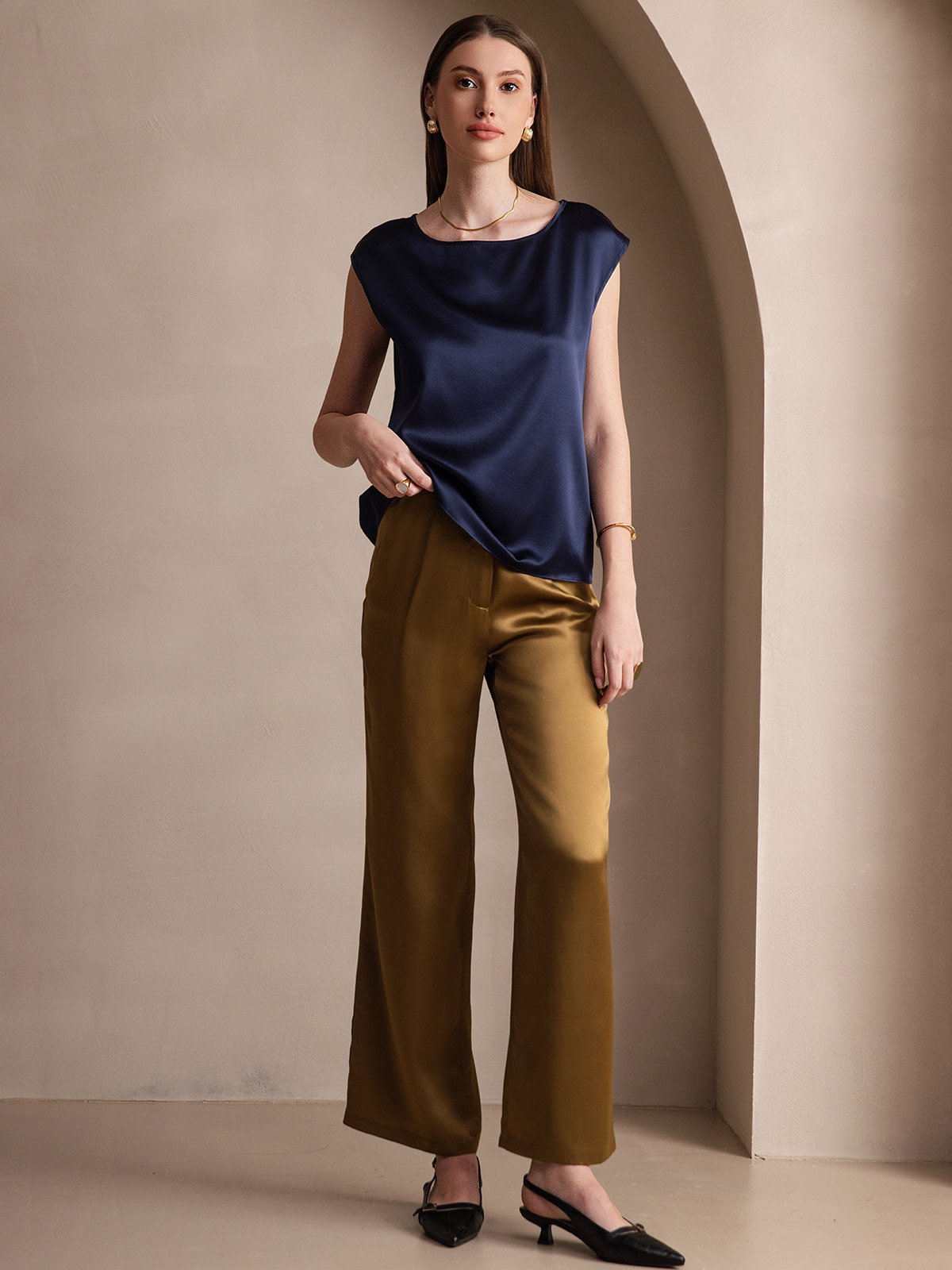[Azul Oscuro] SilkSilky-ES 19Momme Seda Womens T-Shirt 005