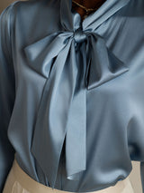 [Azul Grisáceo] SilkSilky-ES Long Sleeve Tie Neck Blusas 008