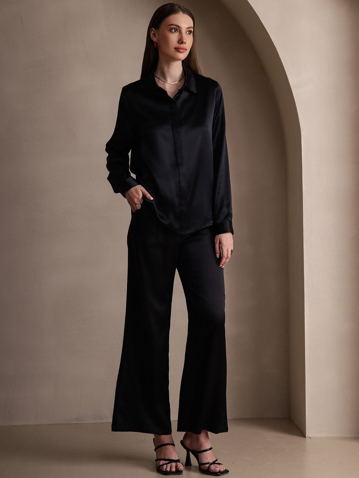 [Negro] SilkSilky-ES 19Momme Seda Manga larga Cuello Camisero Blusas de Mujer 006