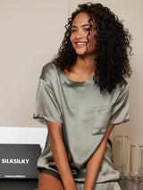 [Verde Grisáceo] SilkSilky-ES Short Sleeve Round Neck Pijamas de mujer 005