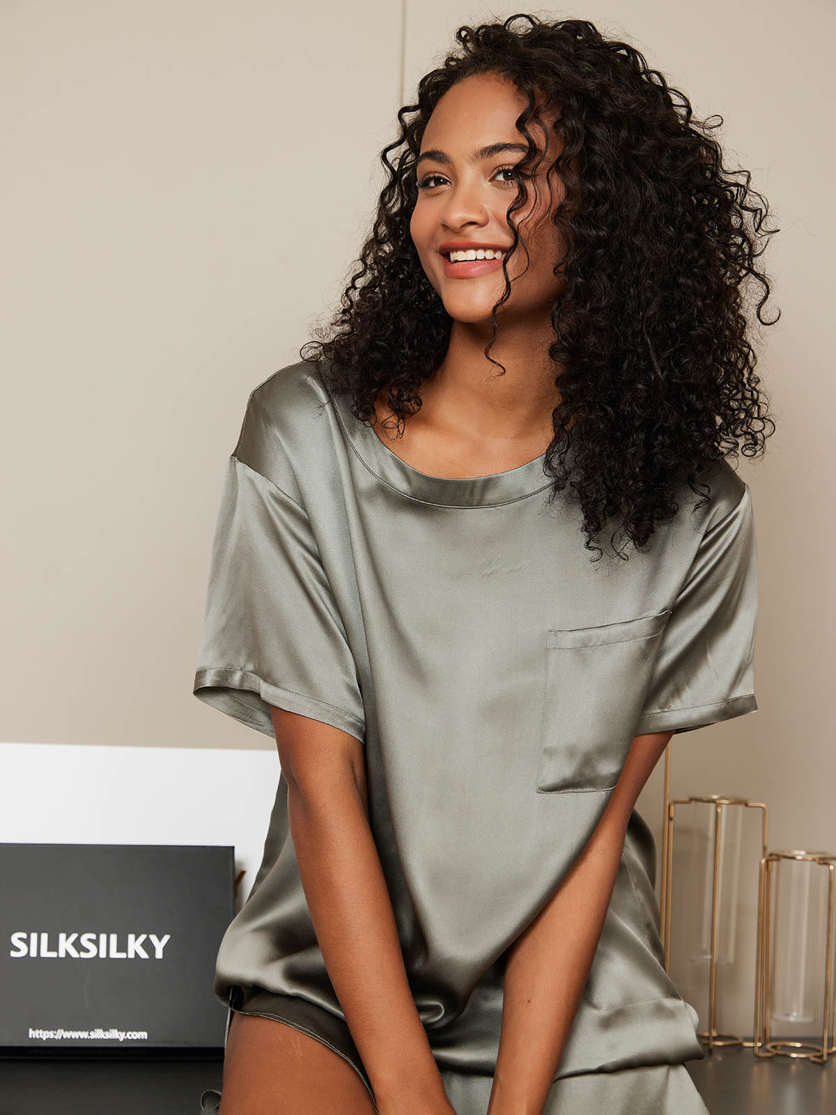 [Verde Grisáceo] SilkSilky-ES Manga corta Cuello Redondo Pijamas de mujer 005