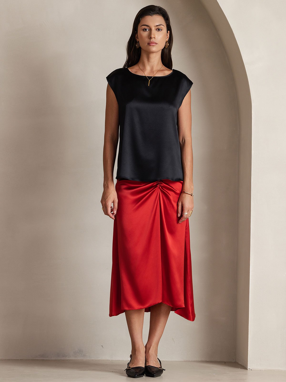 [Negro] SilkSilky-ES 19Momme Seda Womens T-Shirt 004