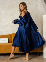 [Azul Oscuro] SilkSilky-ES Long Sleeve V Neck Conjunto de camisón y bata 002