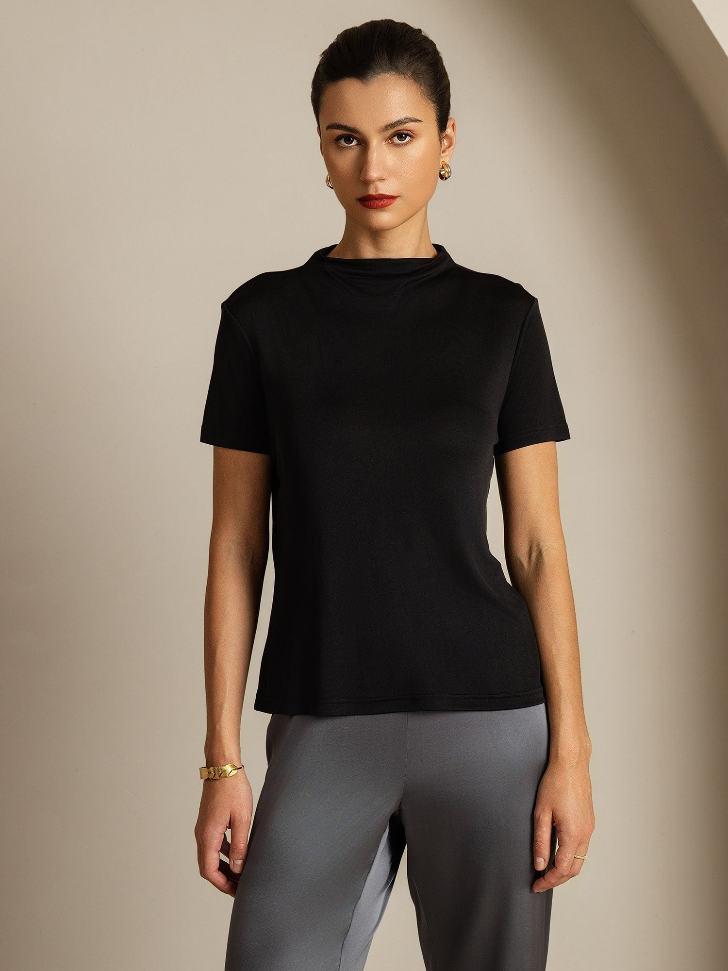 [Negro] SilkSilky-ES Seda Pura Cuello Camisero Camisetas de Mujer 003