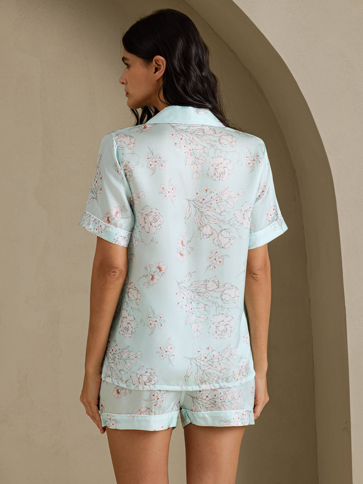 [Flores Celestes] SilkSilky-ES Short Sleeve Notch Collar Pijamas de mujer 002