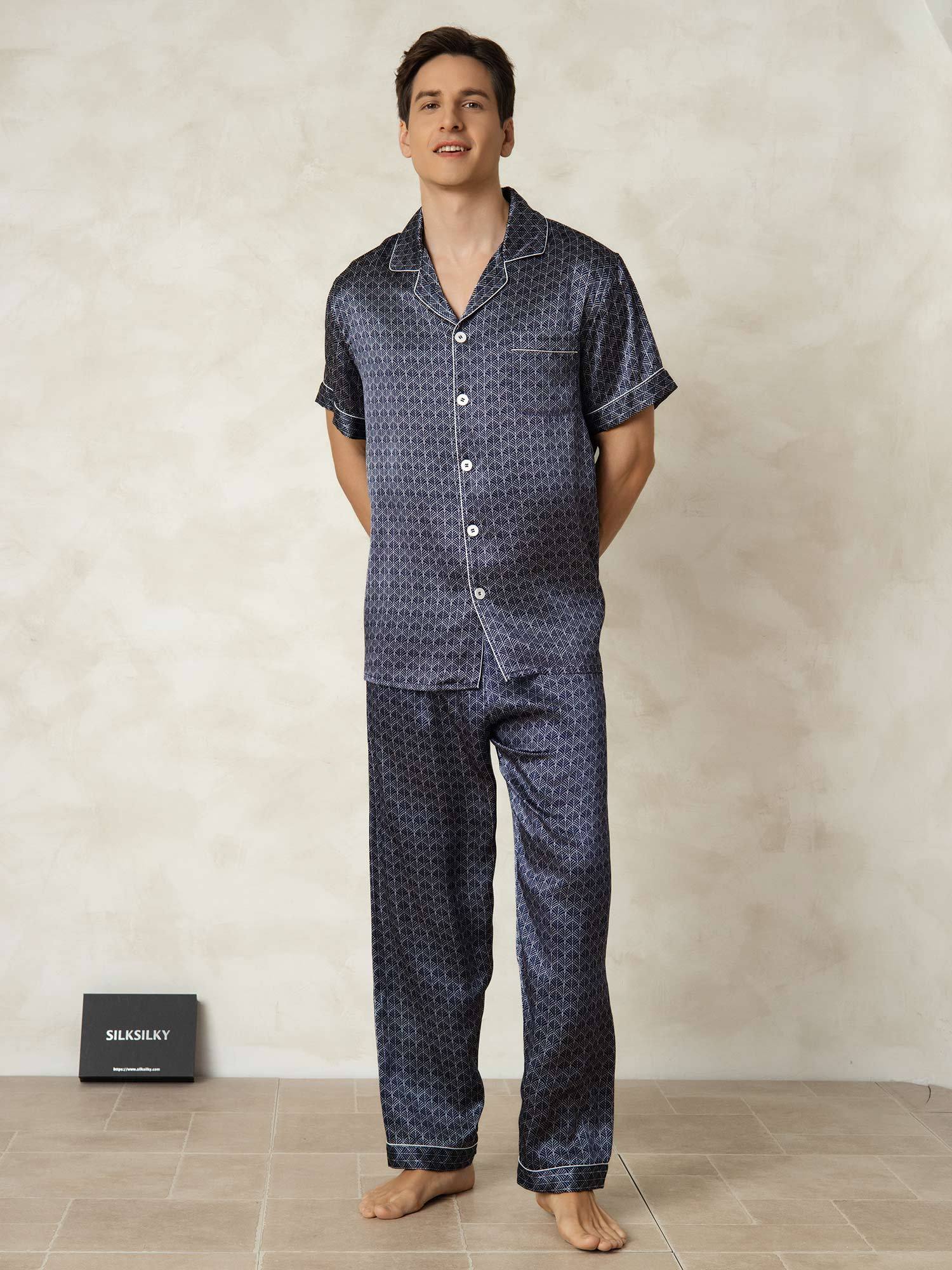 [GinkgoAzulMarino] SilkSilky-ES Seda Pura Lapel Collar Pijamas de hombre 006