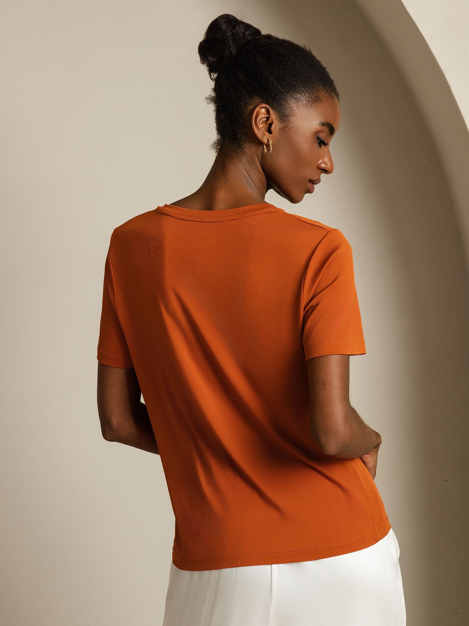 [Naranja] SilkSilky-ES Seda Pura Cuello en V Camisetas de Mujer 002