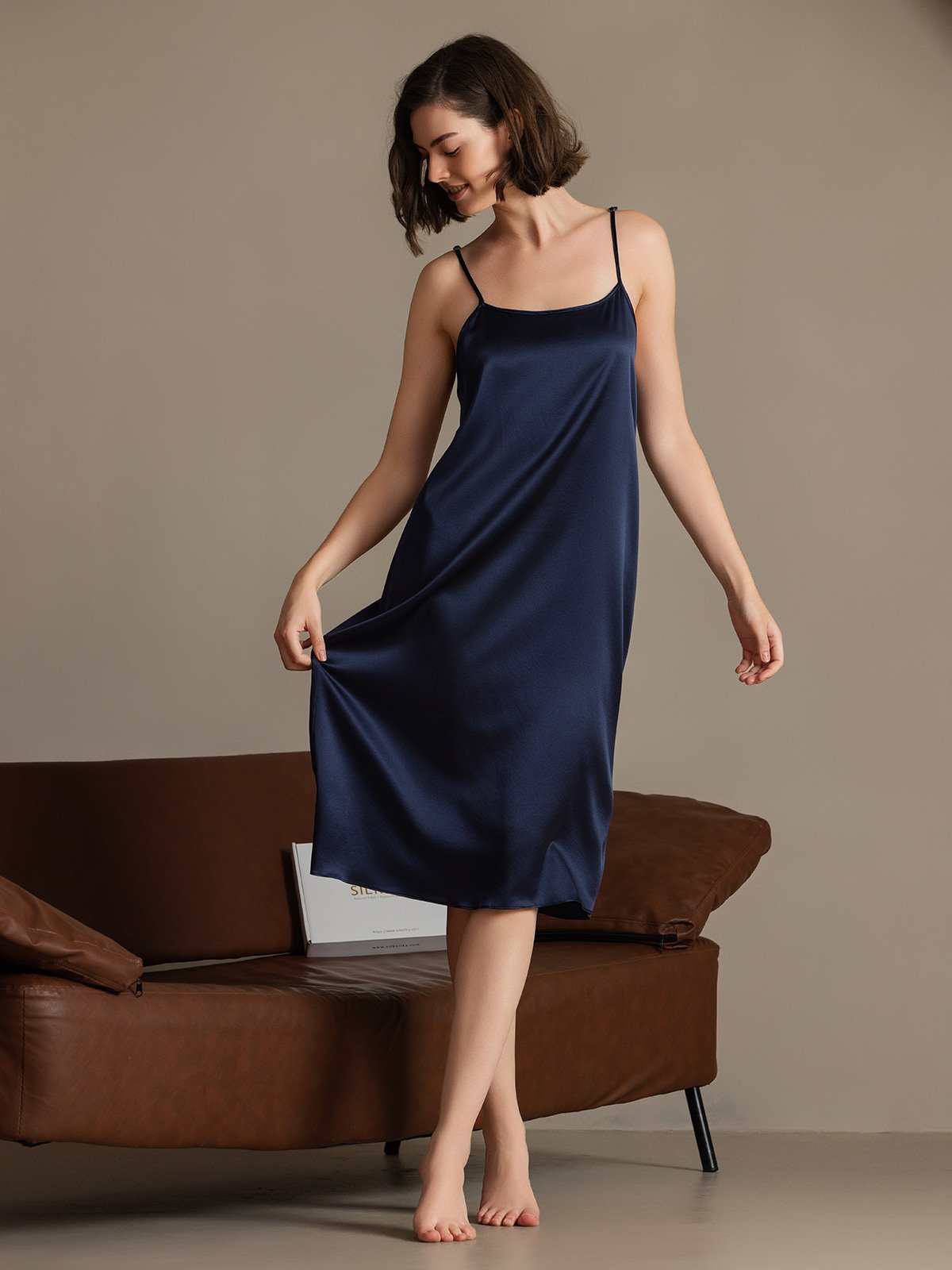[Azul Oscuro] SilkSilky-ES 19Momme Seda Sin mangas Dress 004