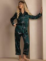 [Cebra Esmeralda] SilkSilky-ES Long Sleeve Lapel Collar Pijamas de mujer 007