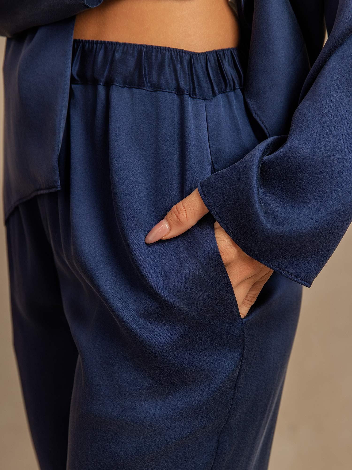 [AzulOscuro] SilkSilky-ES 19Momme Seda Escote V Pijamas de mujer 005