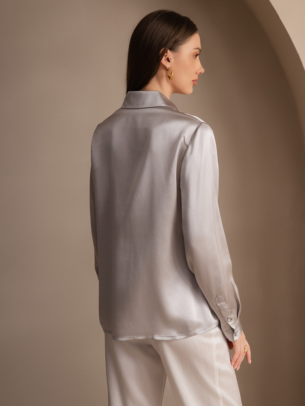 [Gris Claro] SilkSilky-ES 19Momme Seda Lapel Collar Blusas de Mujer 002