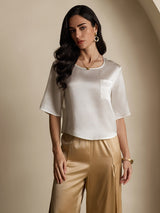 [Blanco] SilkSilky-ES A metà Escote Cuchara Camisetas de Mujer 003