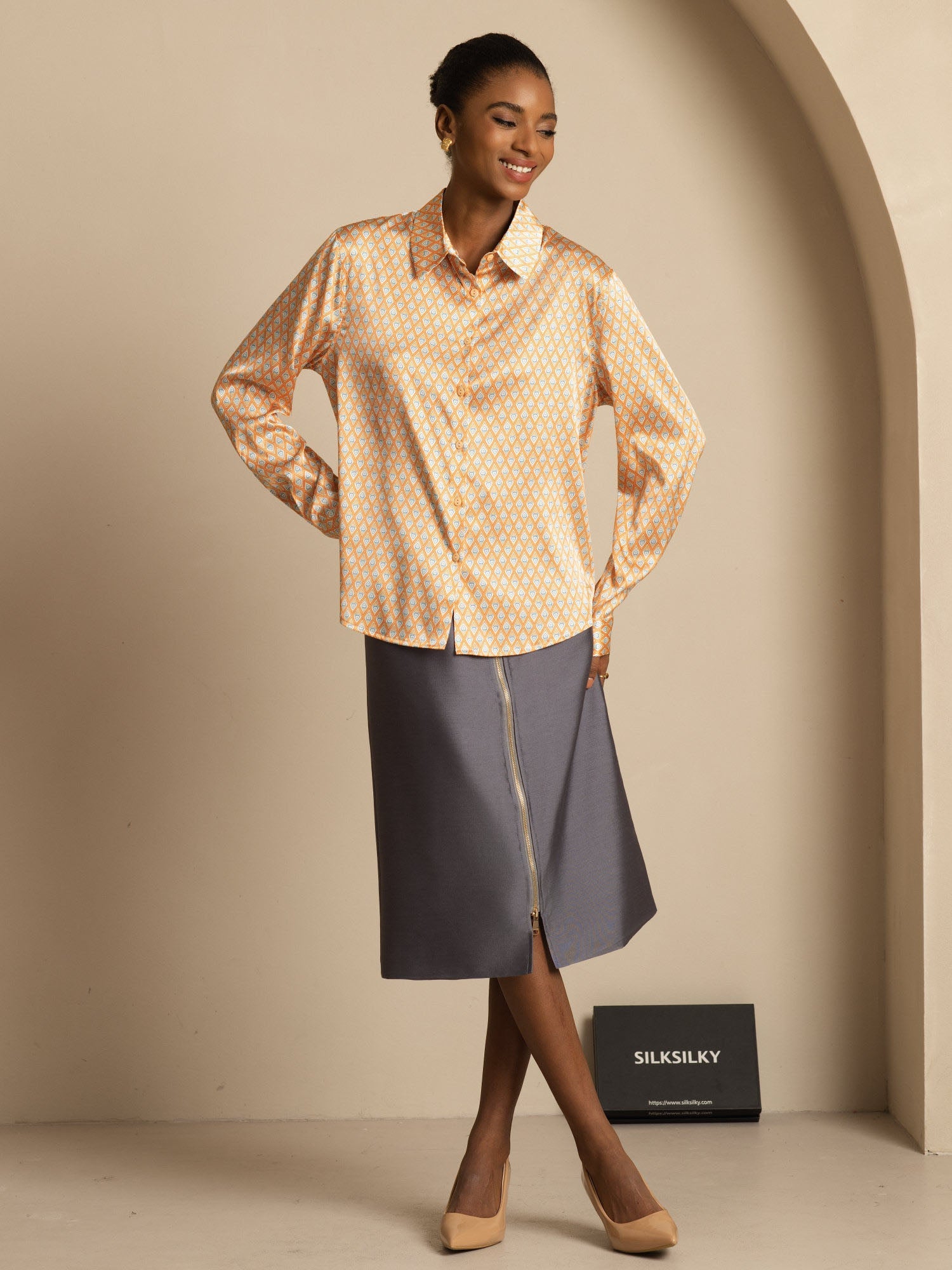 [Floral] SilkSilky-ES Seda Manga larga Cuello Camisero Blusas de Mujer 006