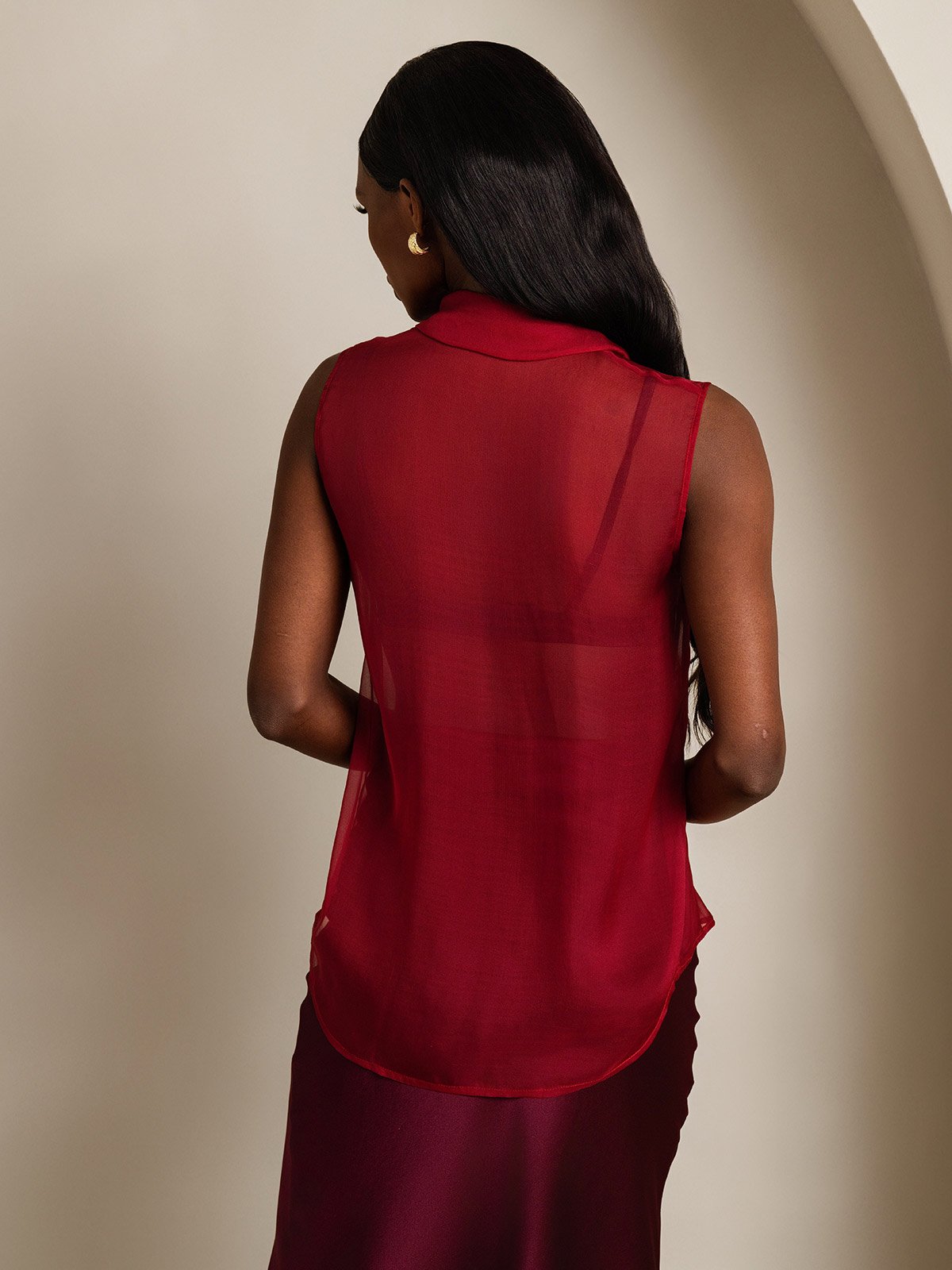 SilkSilky-ES Seda Pura Sin mangas Corbata Blusas de Mujer Vino 002