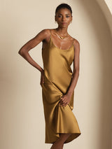 [Marrón] SilkSilky-ES Spaghetti Strap Cuello en U Vestido 006