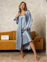 [Azul Grisáceo] SilkSilky-ES Long Sleeve V Neck Conjunto de camisón y bata 005