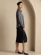 [Gris Oscuro] SilkSilky-ES Long Sleeve Lapel Collar Blusas de Mujer 009