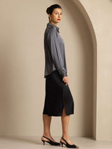 [Gris Oscuro] SilkSilky-ES Long Sleeve Lapel Collar Blusas de Mujer 009