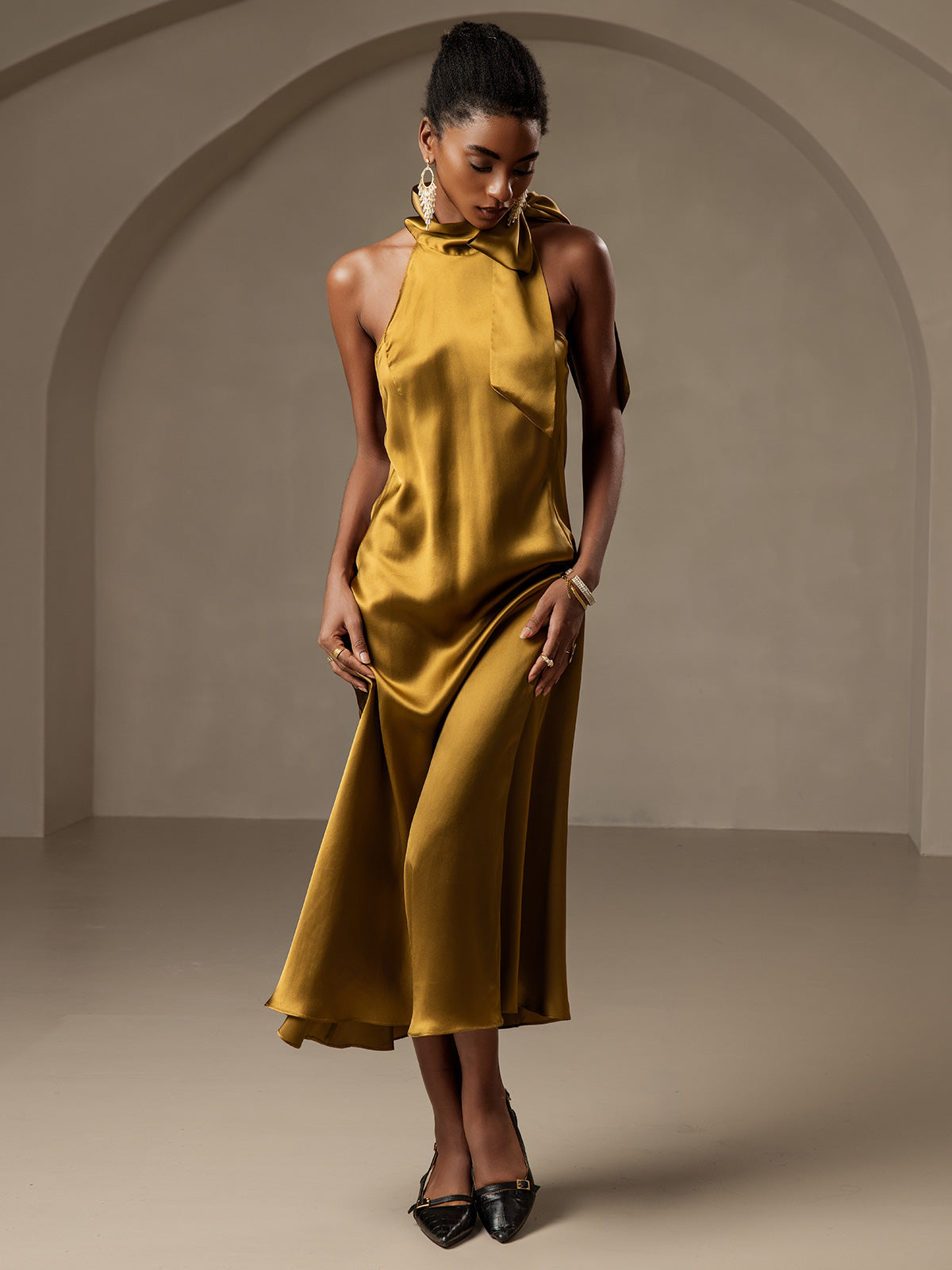 [Marrón] SilkSilky-ES 19Momme Sin mangas Vestido 005