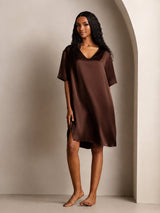 [Marrón] SilkSilky-ES Half Sleeve V Neck Camisón 003