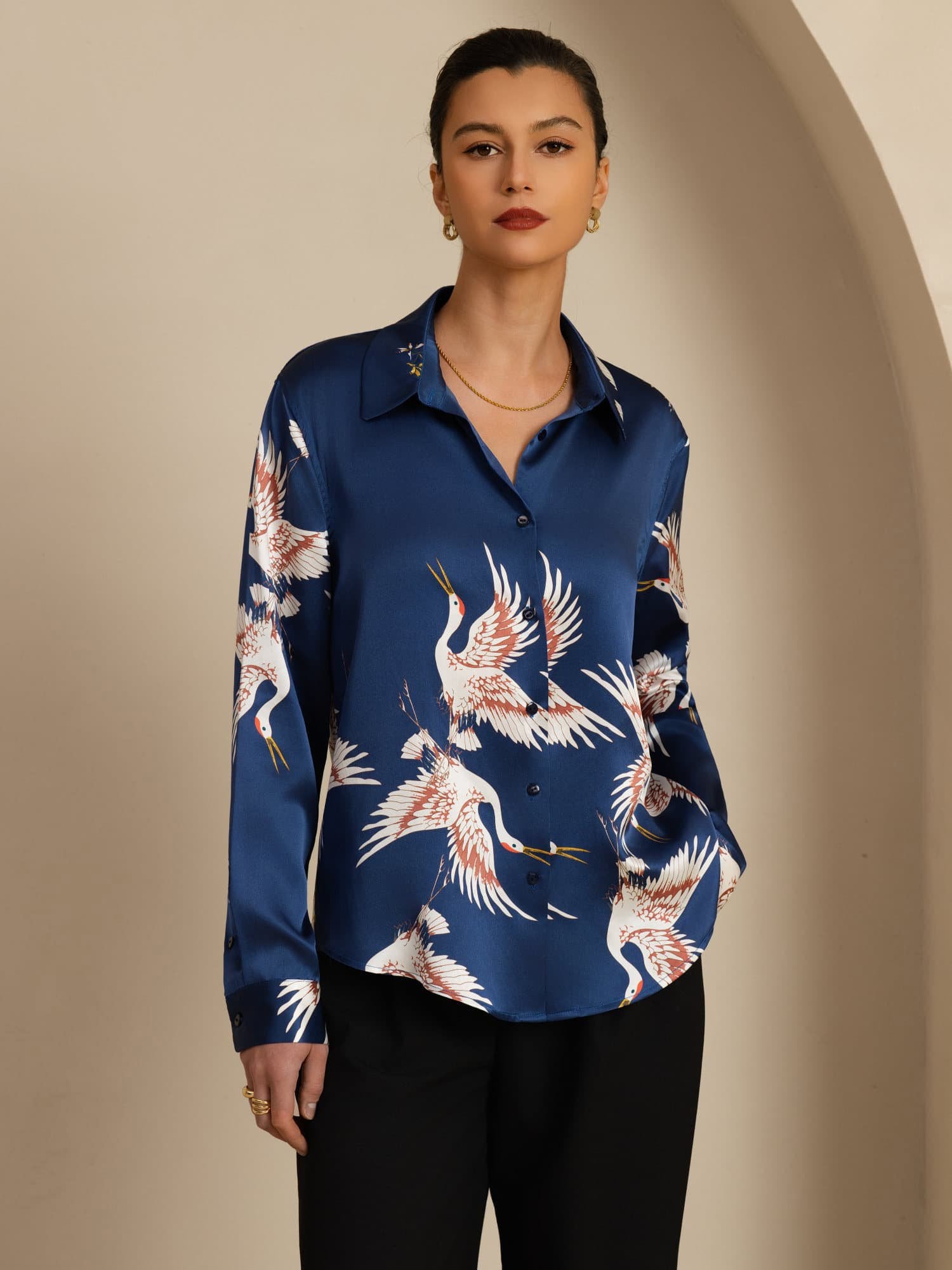 [Azul Oscuro] SilkSilky-ES 19Momme Manga larga Cuello con Solapa Blusas de Mujer 004