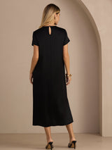 [Negro] SilkSilky-ES Short Sleeve Round Neck Vestido 002