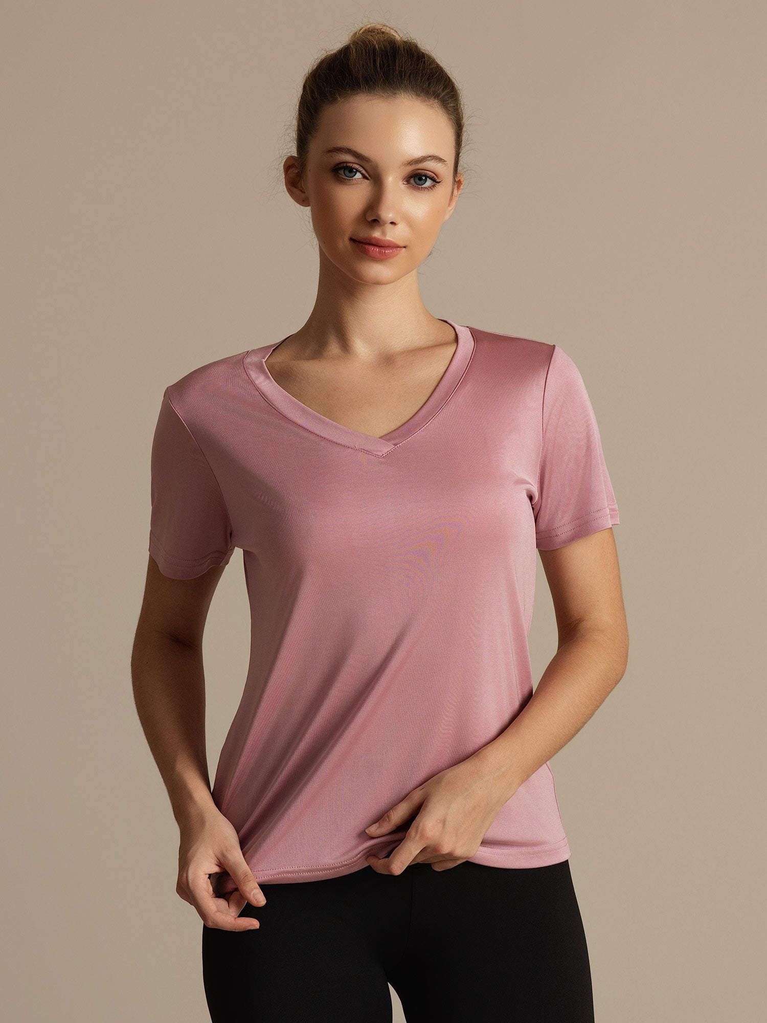 [Malva Pálido] SilkSilky-ES Manga corta Cuello en V Camisetas de Mujer 004