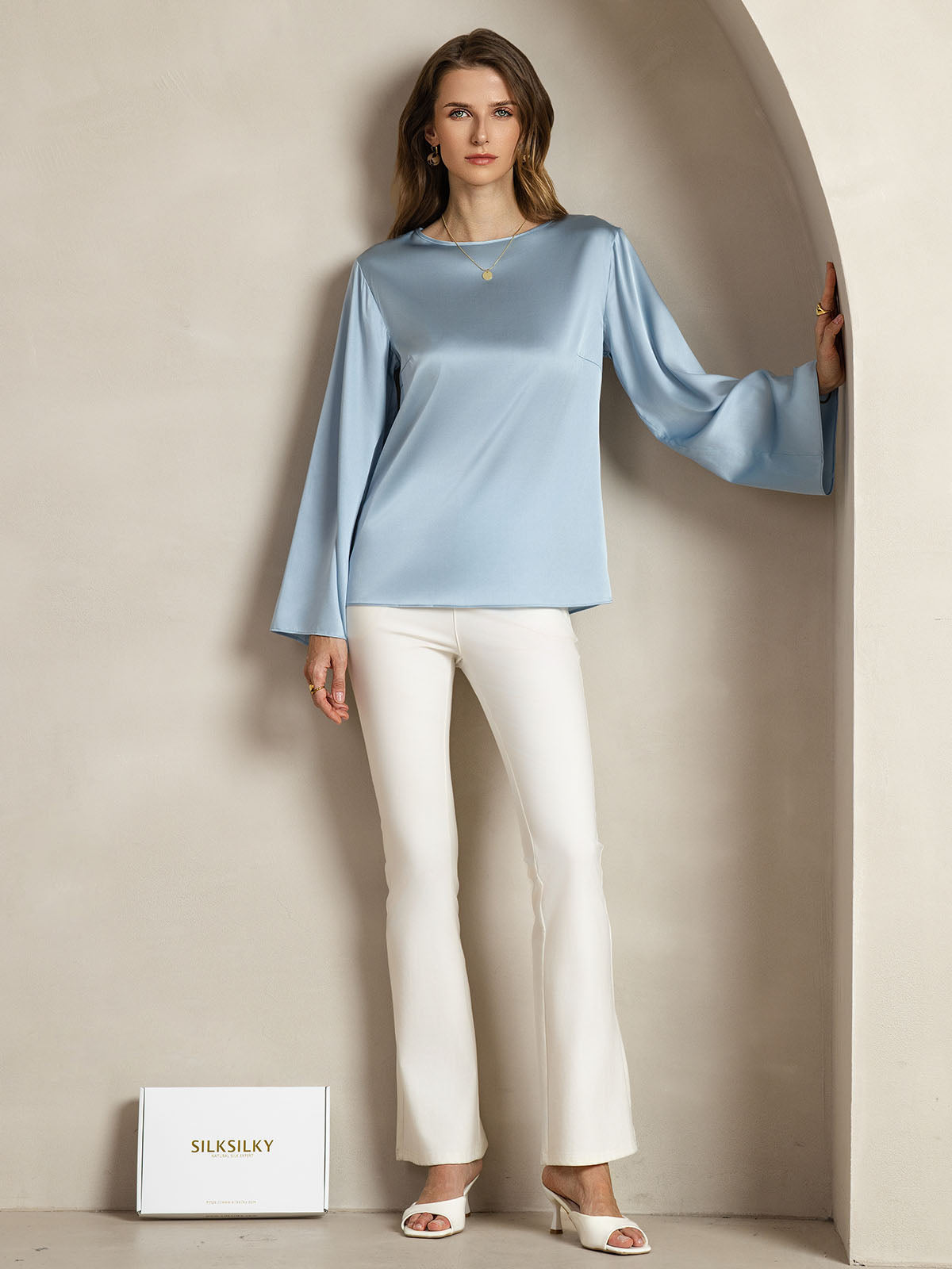 [Azul Grisáceo] SilkSilky-ES 19Momme Seda Womens T-Shirt 003,