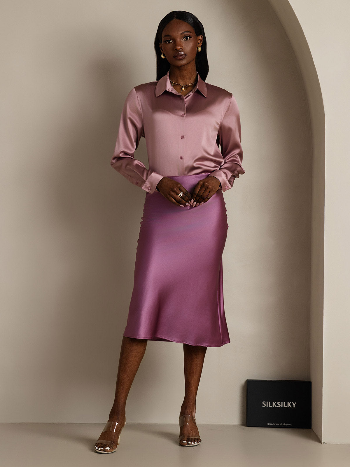 [Morado Oscuro] SilkSilky-ES 19Momme Seda Pura Skirt 007,