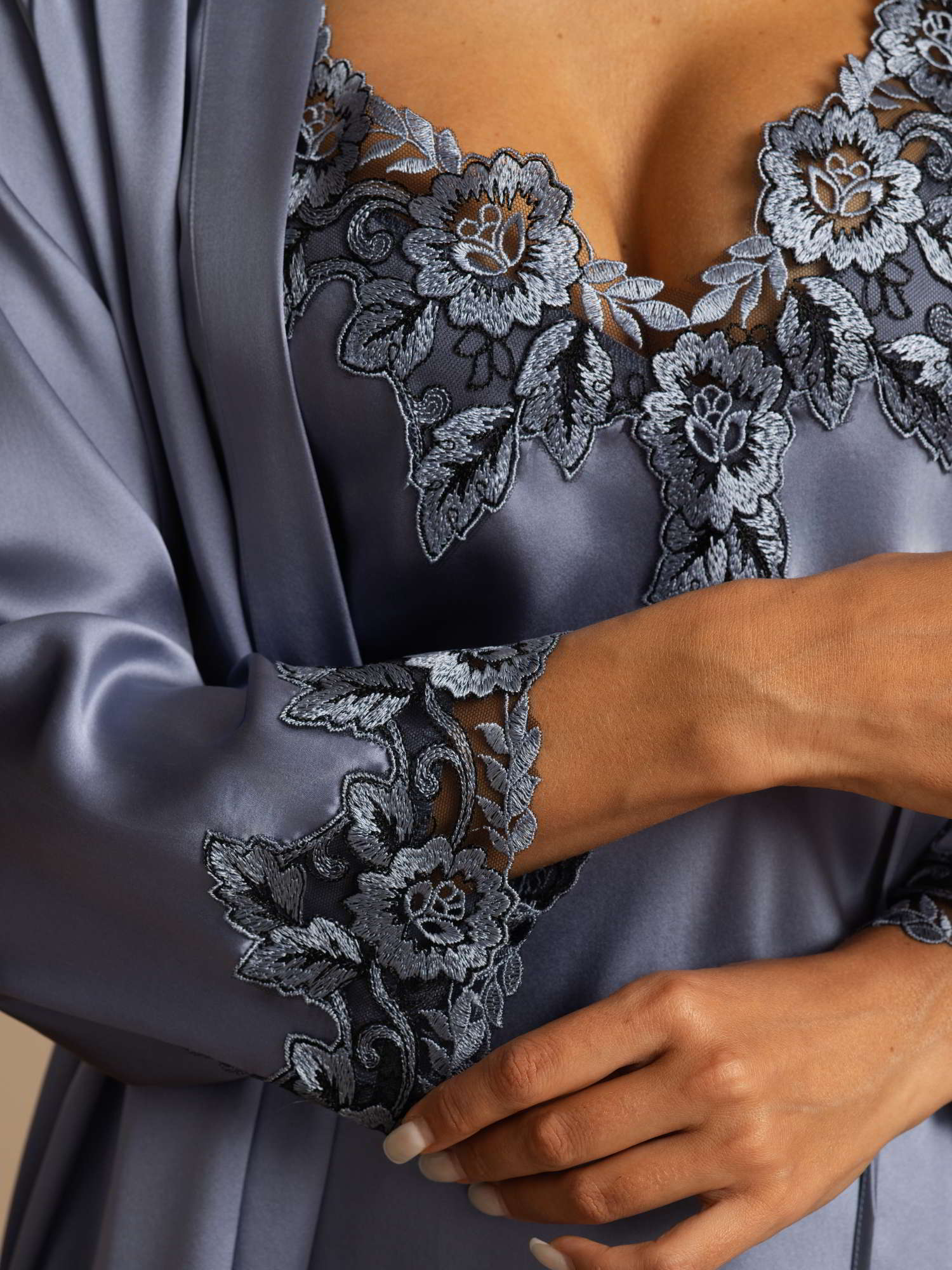 [Azul Acero] SilkSilky-ES Seda Pura Manga francesa Cuello en V Pijamas de mujer 004