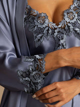 [Azul Acero] SilkSilky-ES Seda Pura Manga francesa Cuello en V Pijamas de mujer 004