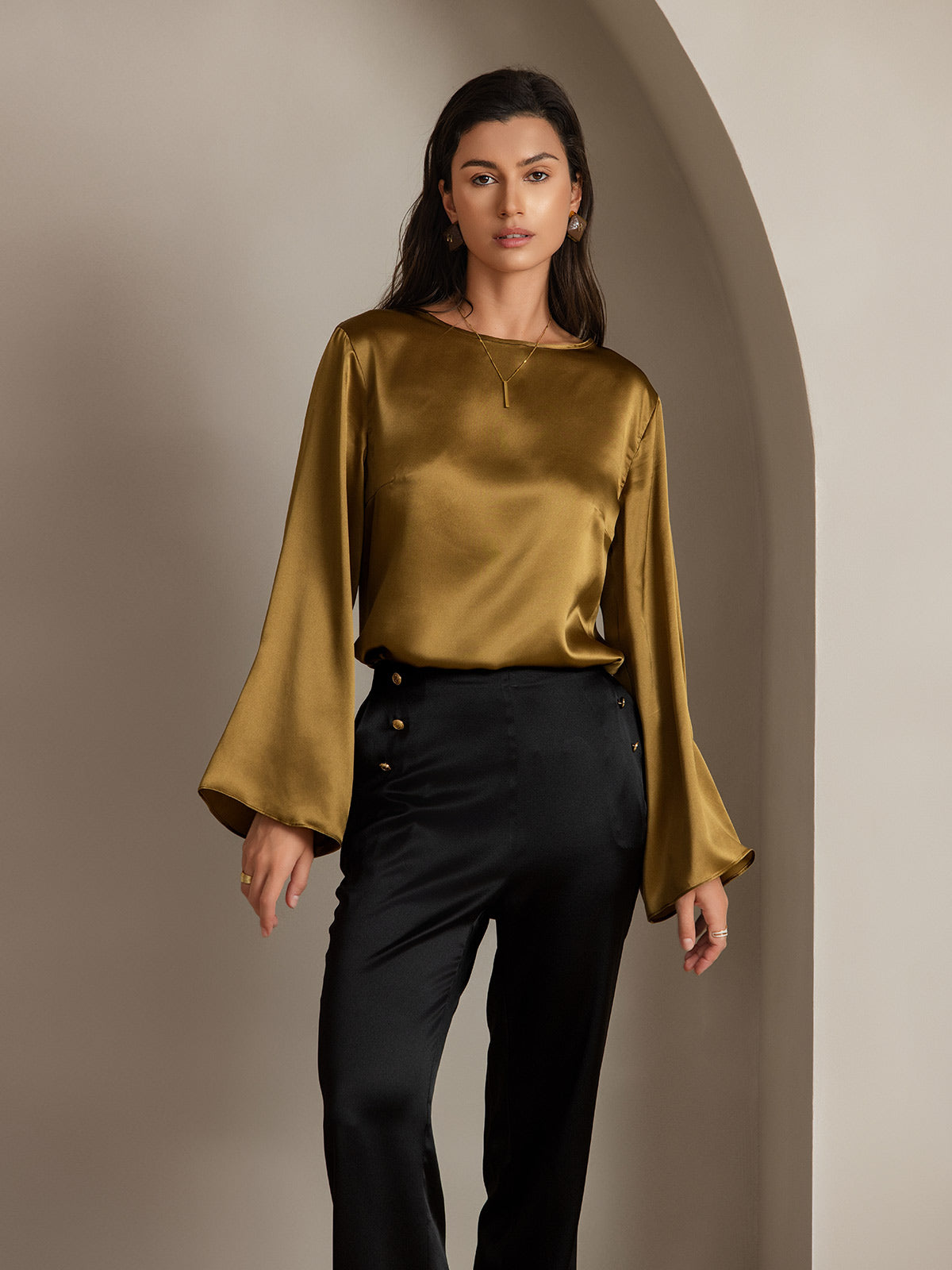 [Negro] SilkSilky-ES 19Momme Seda Womens Pants 009