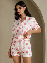 [Pintalabios Blanco] SilkSilky-ES Short Sleeve Notch Collar Pijamas de mujer 003