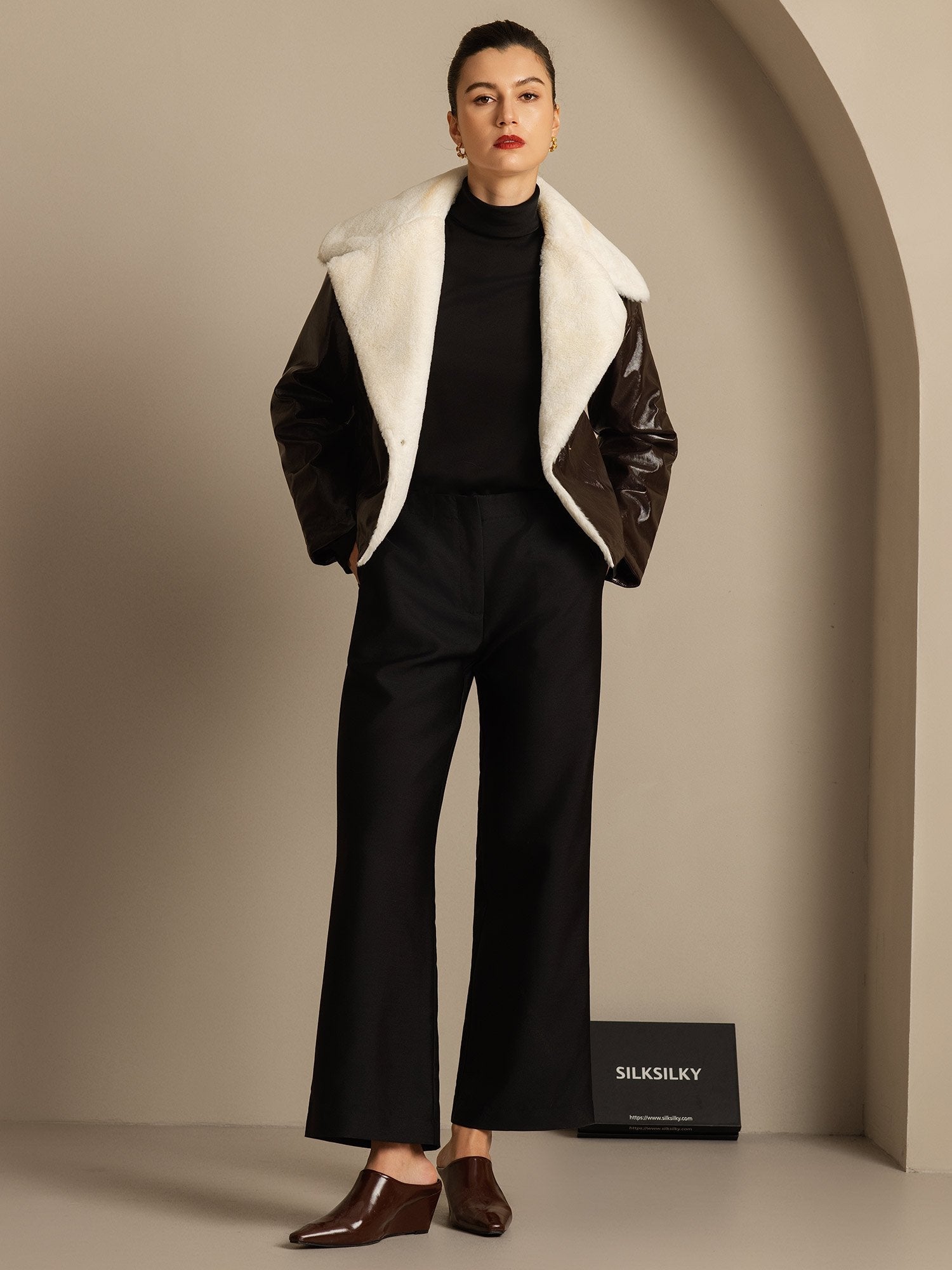 [Negro] SilkSilky-ES 32Momme Silk-Wool Blend Womens Pants 006,