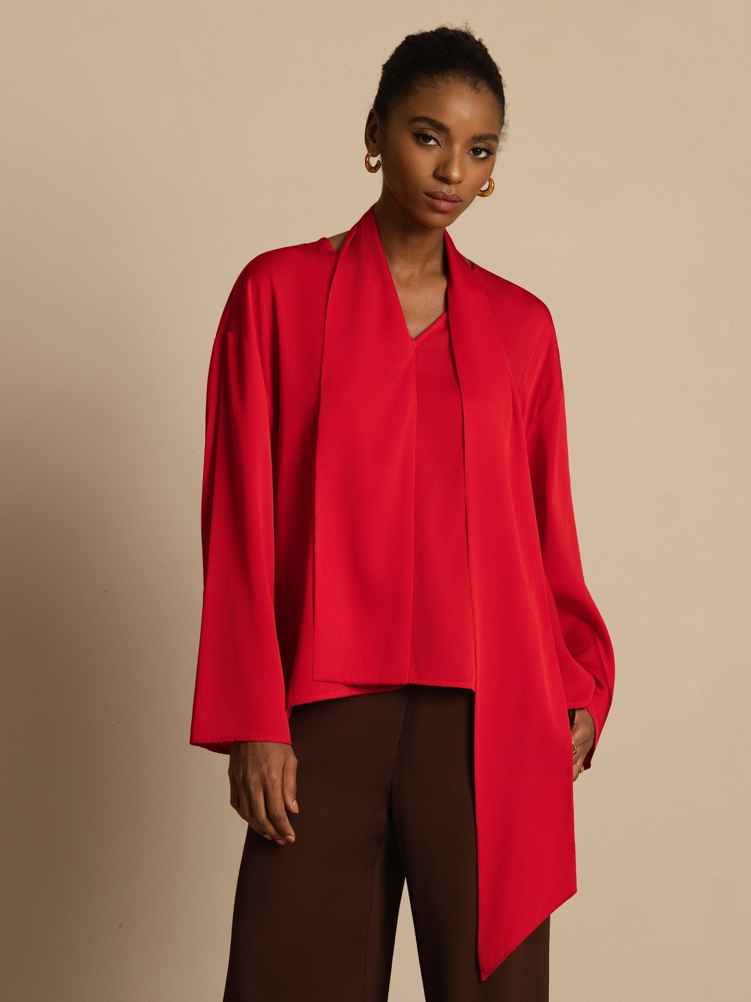 [Vino] SilkSilky-ES 19Momme Seda Manga larga Cuello en V Blusa 004